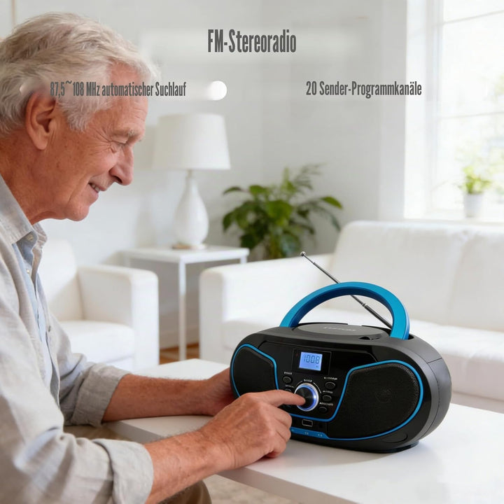 Tragbar CD Player Boombox Bluetooth - mit UKW Radio, USB Eingang & AUX & Kopfhörern Ports, 2 x 2 Wat