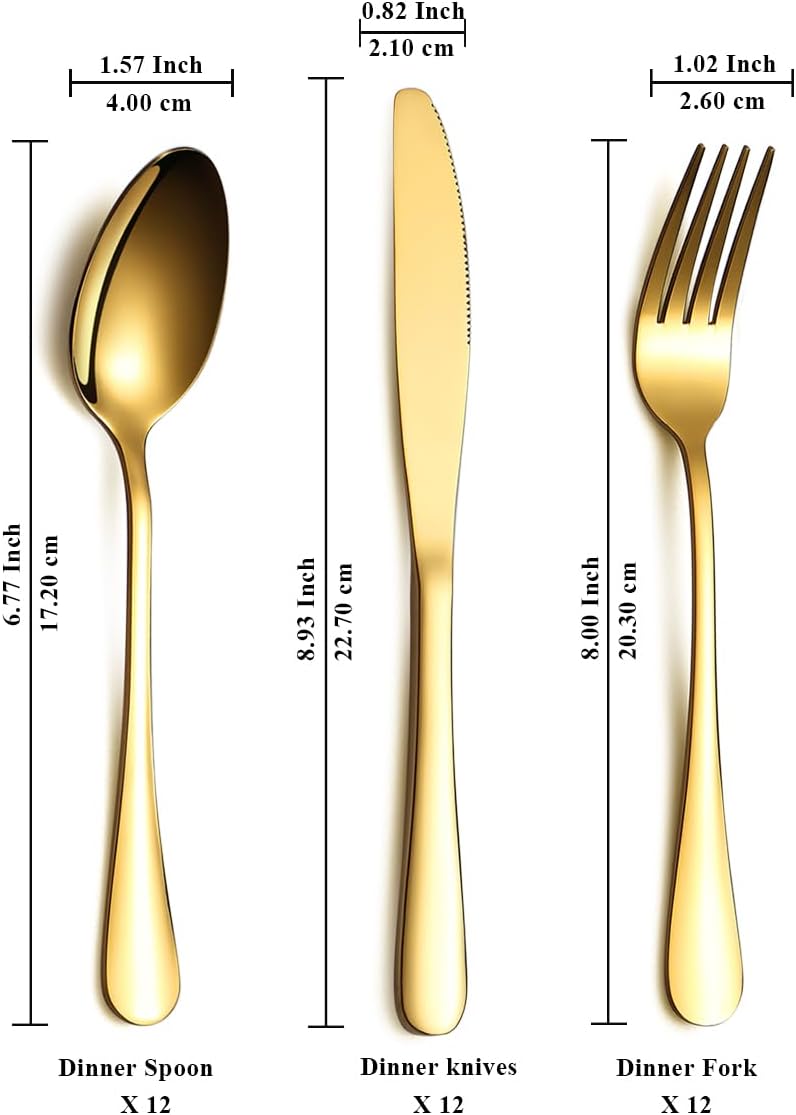 Gold Besteck Set 36 Teile Service für 12, Edelstahl Messer Löffel Gabeln Set für Hochzeit, Partys, A