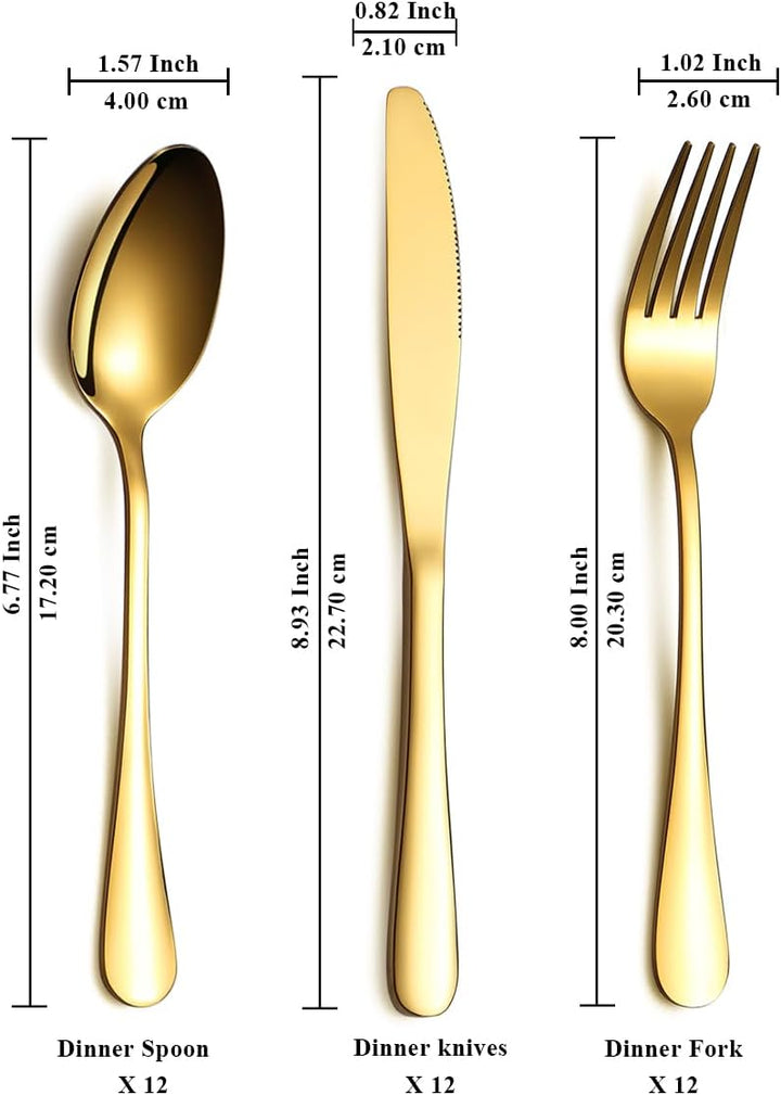 Gold Besteck Set 36 Teile Service für 12, Edelstahl Messer Löffel Gabeln Set für Hochzeit, Partys, A