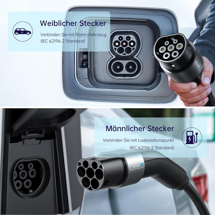 QIAO Elektrofahrzeug-Ladekabel Typ 2, 11kW 5M 16A 3-phasig, IEC 62196 Ladekabel für Elektrofahrzeuge