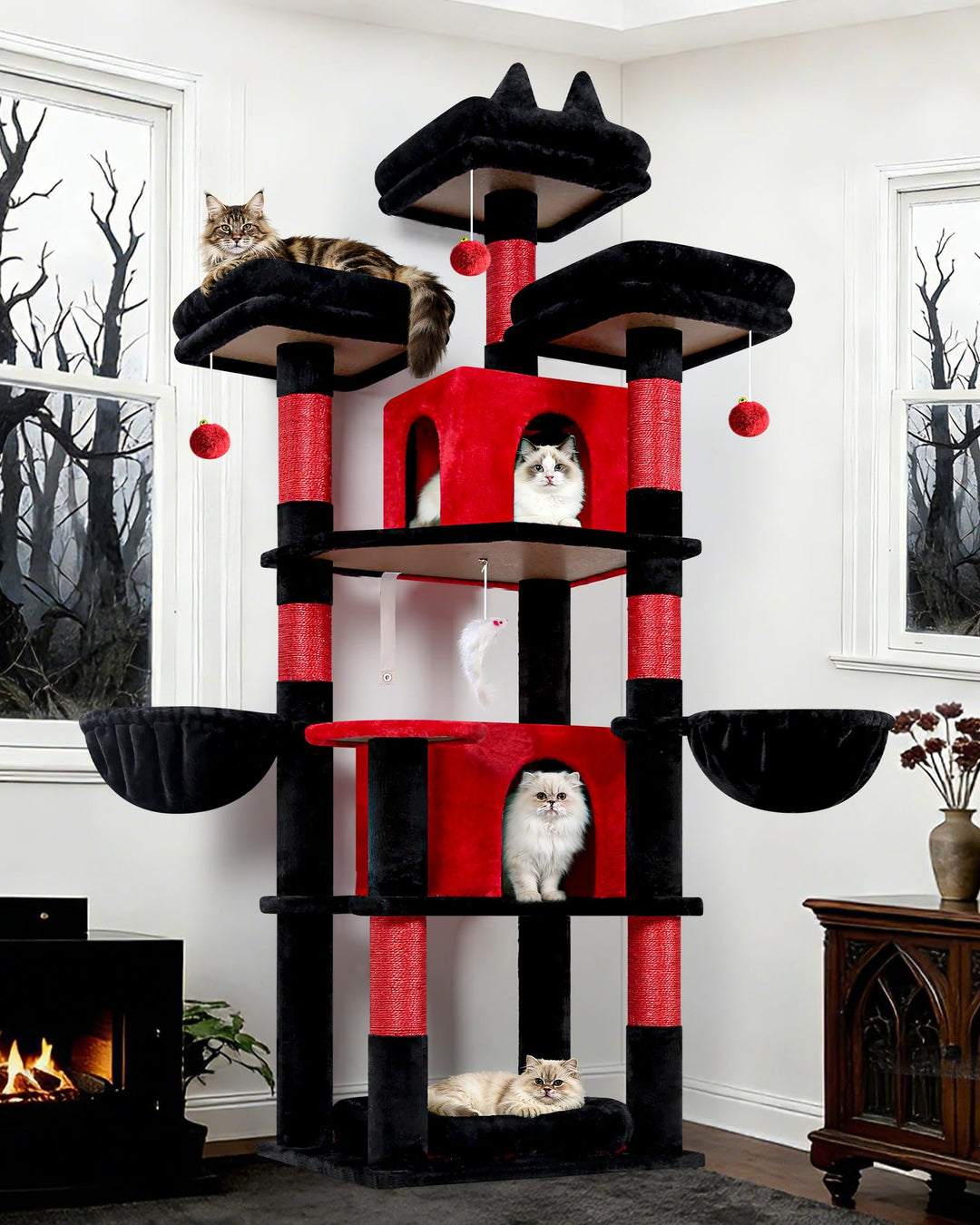 Globlazer Kratzbaum Schwarz Rot Stabil 174 cm mit 3 Gepolsterte Sitzstangen, 2 Katzenhaus, 2 Korb, A