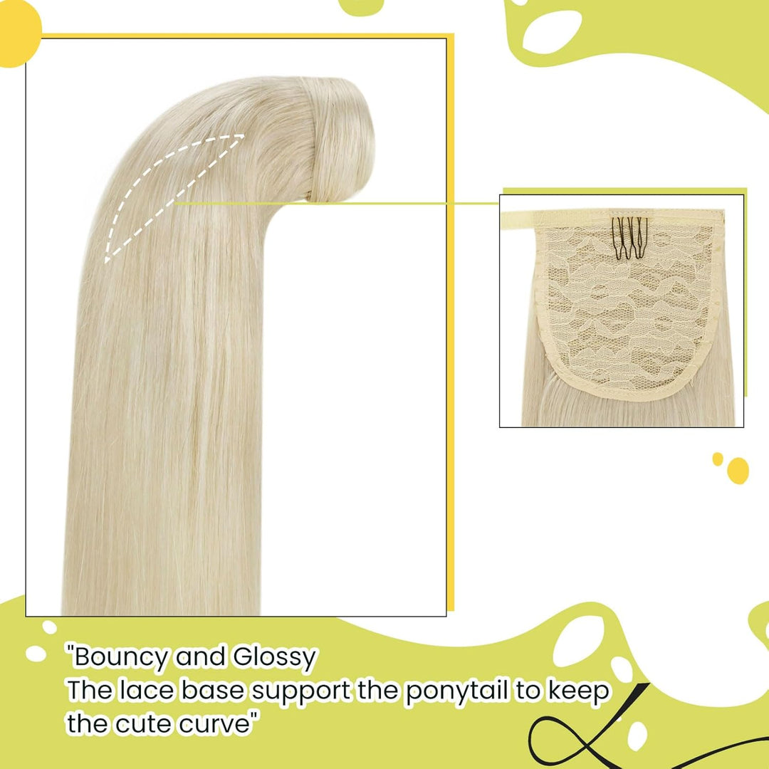 RUNATURE Remy Zopf Extension Echthaar Weiss Blond 55cm/22 Zoll Long Extensions Clip on Ponytail 80g/