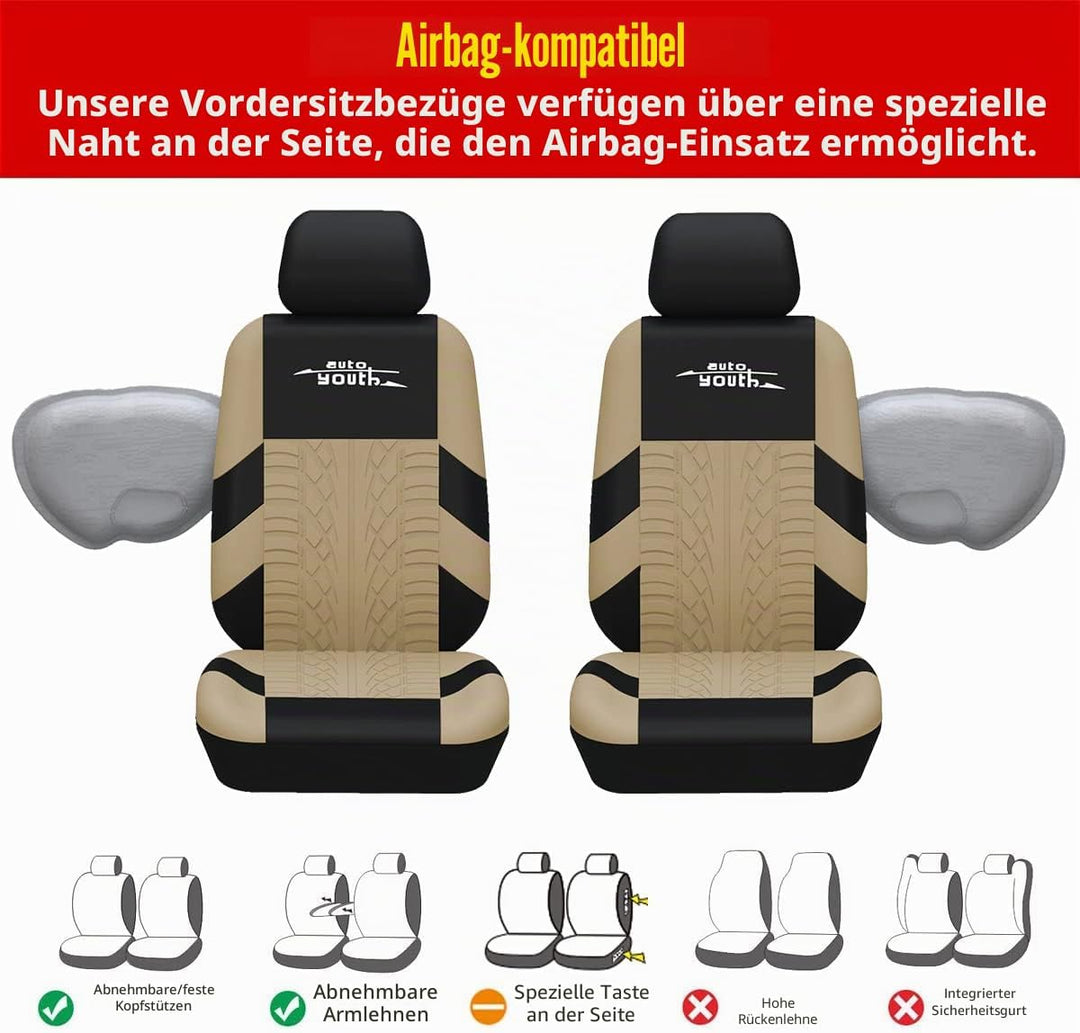 AUTOYOUTH Autositzbezüge für Vordersitze Autositzschoner Reifenschienen Autositzzubehör, Beige Beige