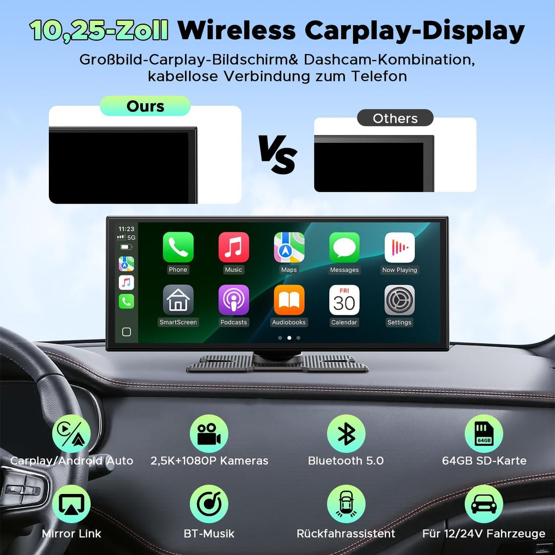 LAMTTO Wireless CarPlay Android Auto Display 10,25 Zoll In-Cell Touchscreen Car Play mit Dashcam 2.5