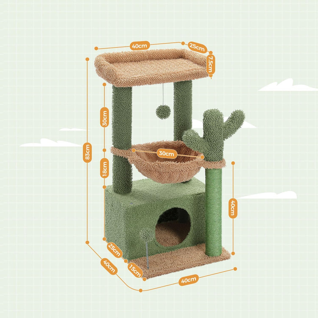 PAWZ Road Kaktus Katzenbaum für Indoor-Katzen mit Hängematte, Katzenturm mit Kratzbaum, grosser ober
