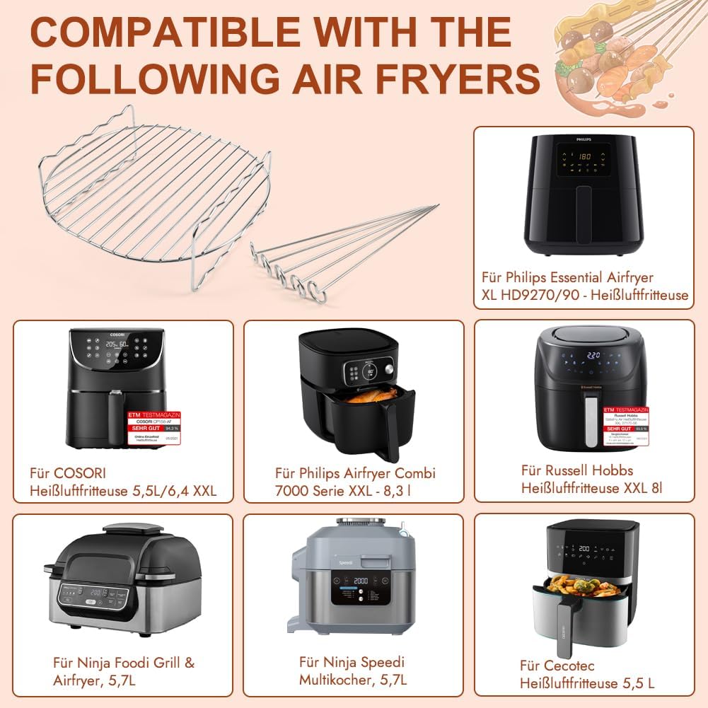 YQL Airfryer zubehör für gross Philips Airfryer XXL, 304 Heissluftfritteuse Grillrost mit 5 Spiesse