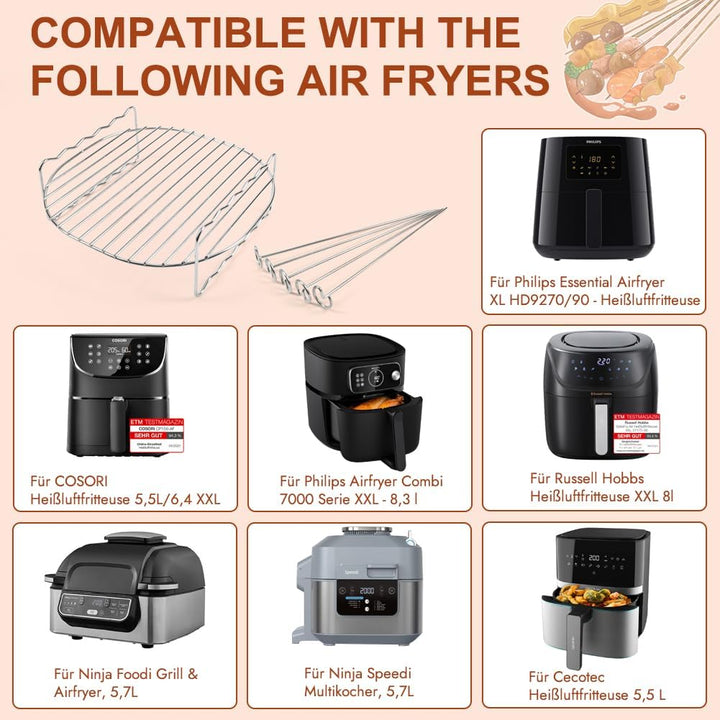 YQL Airfryer zubehör für gross Philips Airfryer XXL, 304 Heissluftfritteuse Grillrost mit 5 Spiesse