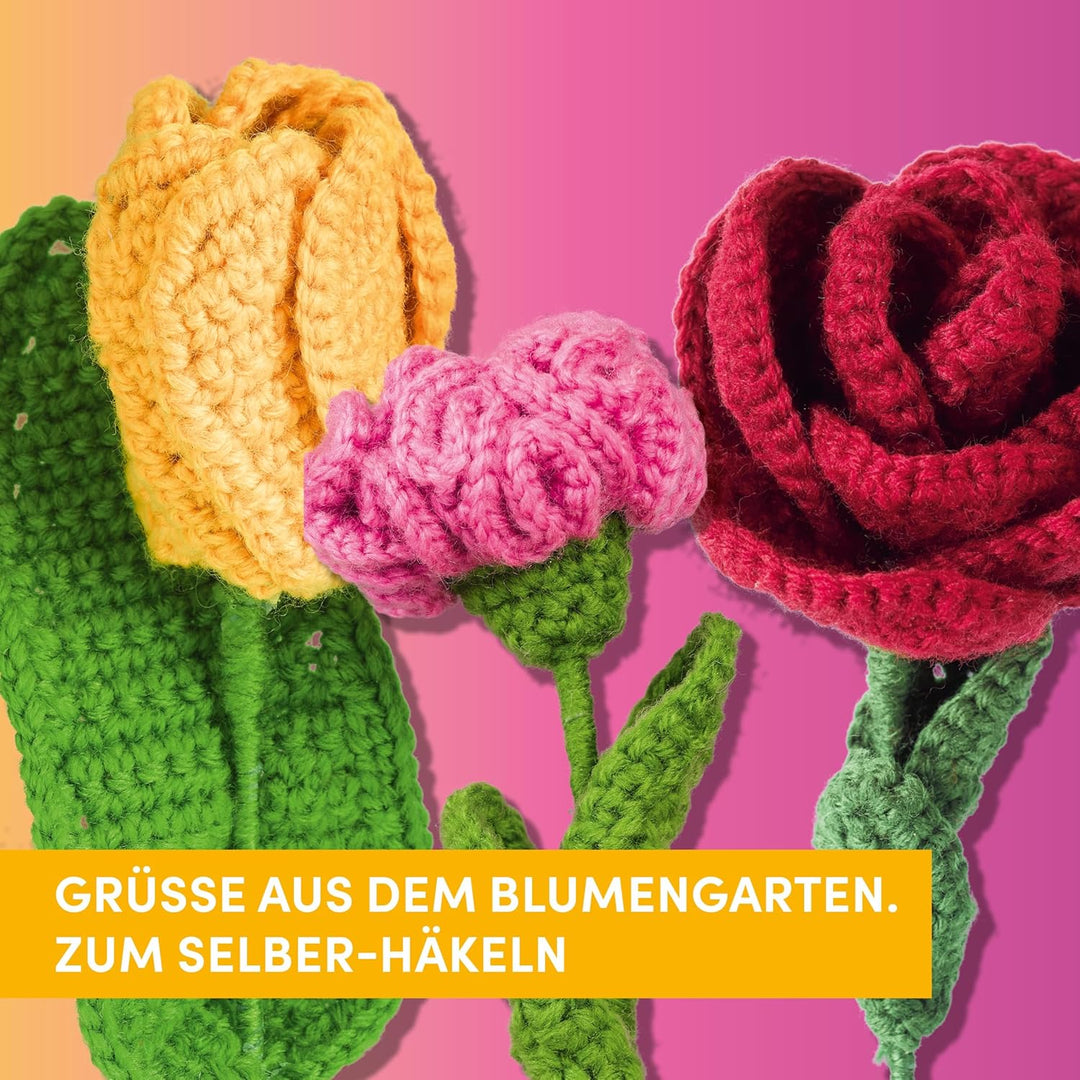 Grüsse aus dem Blumengarten. Zum Selber-Häkeln: Anleitung, Acrylgarn, Häkelnadel, Blumendraht, Stiel