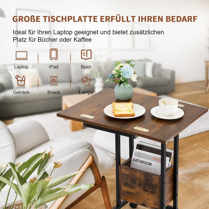 Hadulcet Beistelltisch Couch, Beistelltisch c Form, klappbare Tischplatte, Laptoptisch mit Rollen, L