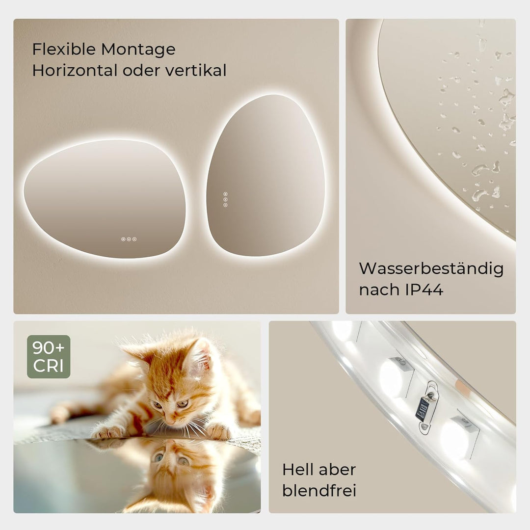 S'AFIELINA Spiegel mit Beleuchtung Asymmetrischer LED Badspiegel 60 × 45 × 2,5 cm (H × B × T) mit To