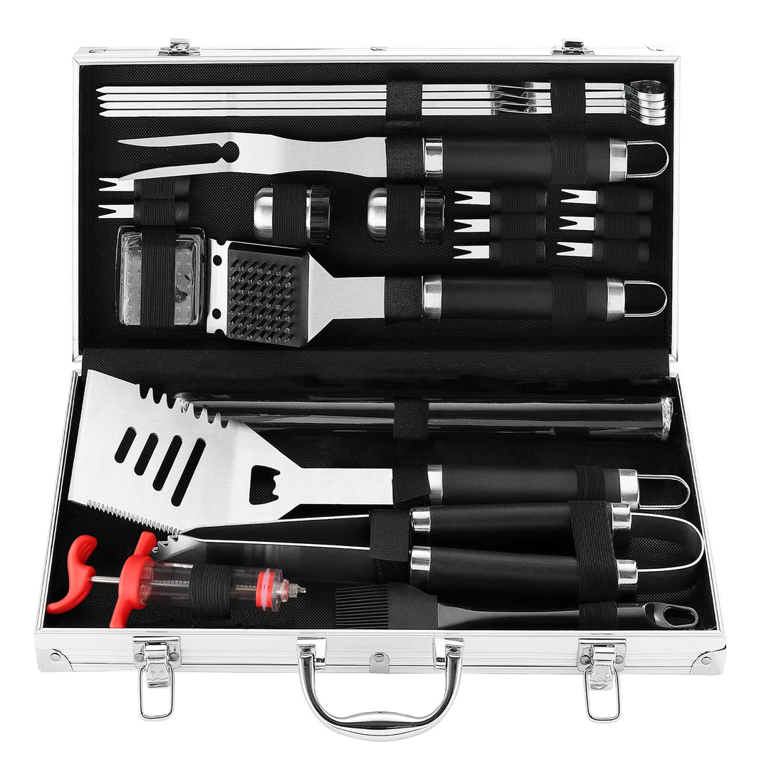 grilljoy Grillbesteck Set 24-teilig aus Edelstahl mit Aluminiumkoffer – Hitzebeständige Griffe & rut