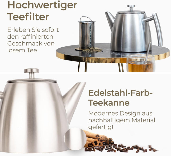 Teekanne, 1L Doppelwandig Aus Grau Edelstahl Mit Siebeinsatz, Mit Stövchen, Tea Maker, Teekanne Edel