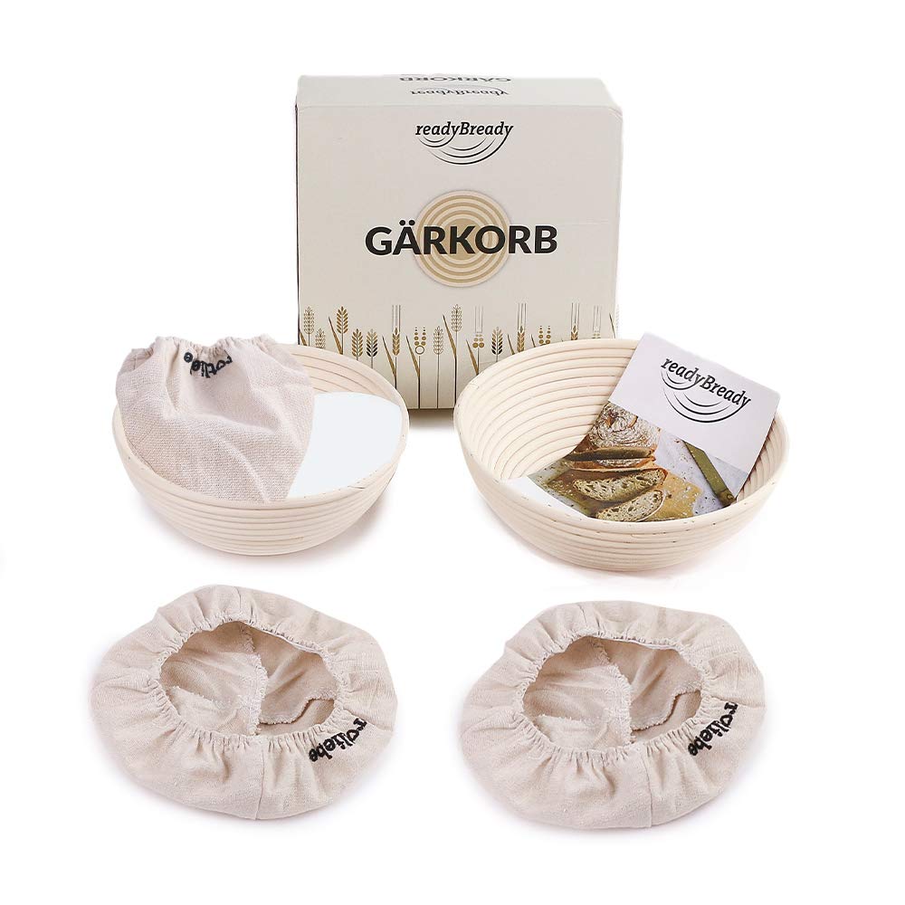readyBready Gärkörbchen (rund, 22cm & 25cm) - hochwertiges Gärkorb Set zum Brotbacken inkl. Leinentü
