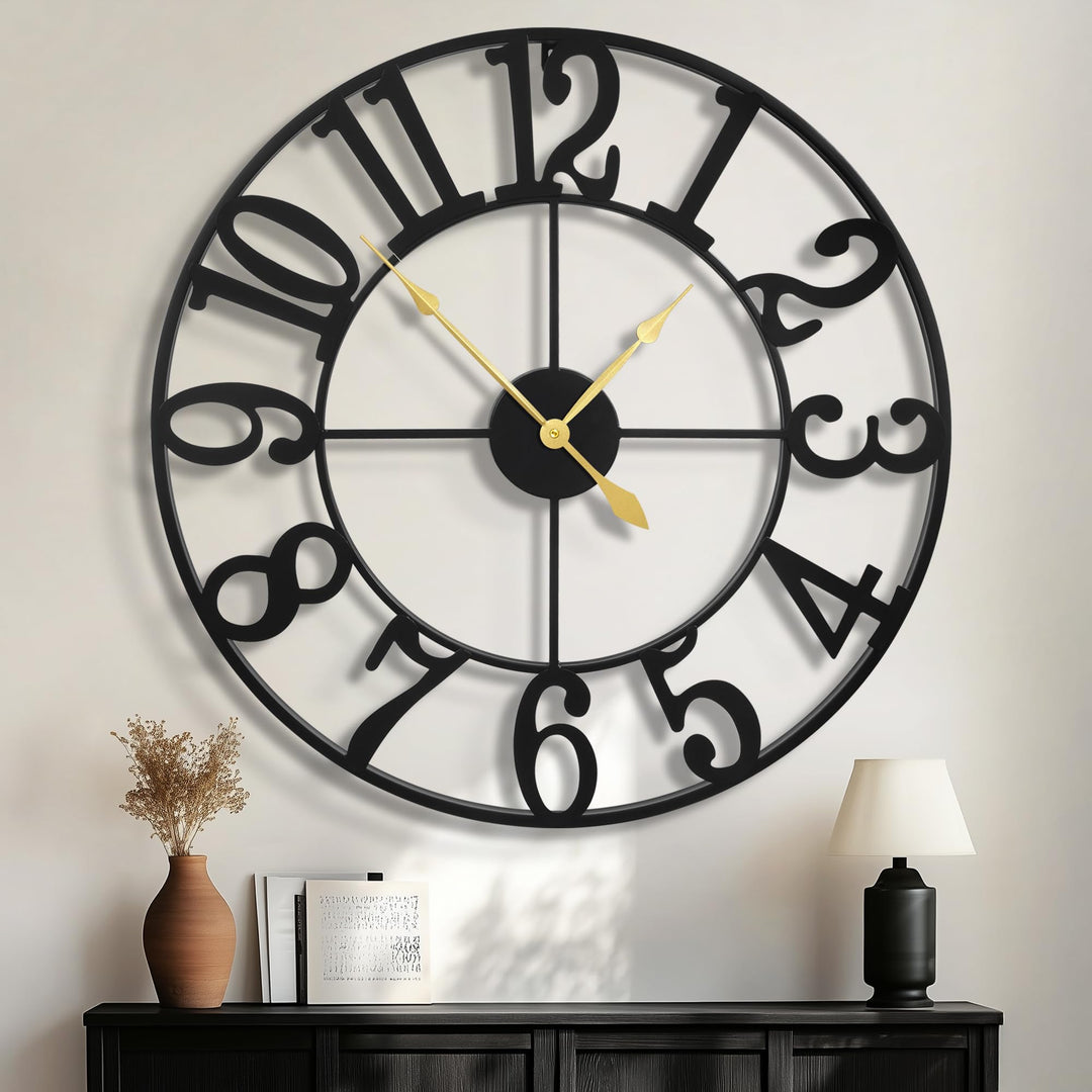 HAITANG Grosse Wanduhr Modern, schwarz Metall rund wanduhr 80 cm Durchmesser lautlos batteriebetrieb