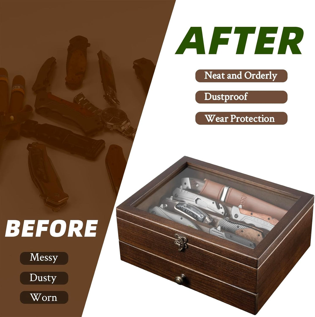 2 Etagen Messerhalter, Holz Messerständer, Messer Vitrine mit Schublade und Hochauflösendem Glas, Sa