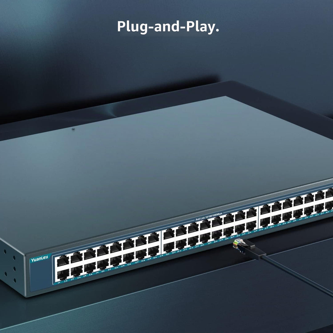 YuanLey 48 Port Gigabit PoE Switch Unmanaged mit 2 1000Mbps SFP Uplink, 50 Port 802.3af/at 800W High