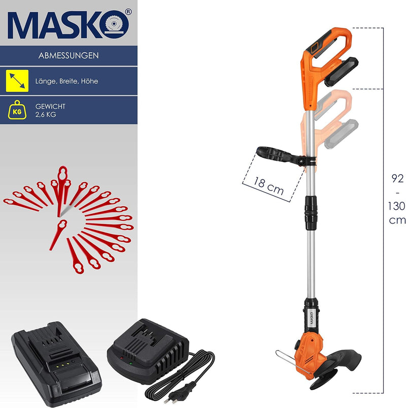 MASKO® Akku-Rasentrimmer mit 20 V Li-Akku, 2,0 Ah Akku und Ladegerät, Motorsense 26 cm Schnittkreis,