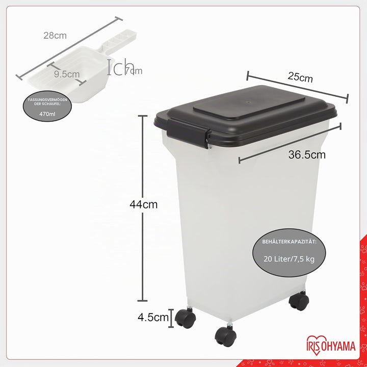 Iris Ohyama Hundefutter Aufbewahrung mit Rollen, 20L/7.5kg, Schwarz, Luftdichte Futterbox, Trockenfu
