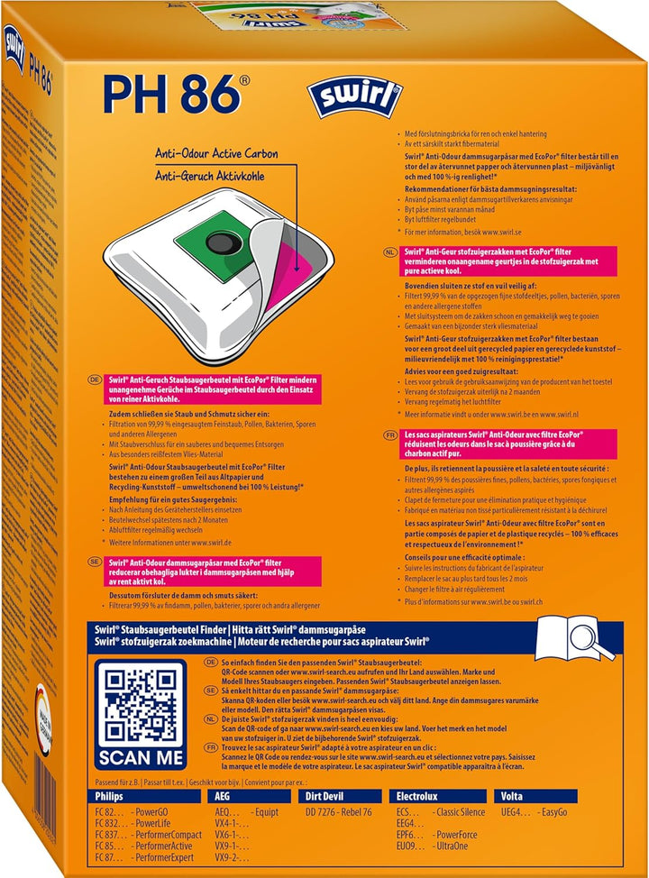 Swirl PH 86 EcoPor Anti-Geruch Staubsaugerbeutel (4 Beutel), reissfeste Staubbeutel für einige AEG,