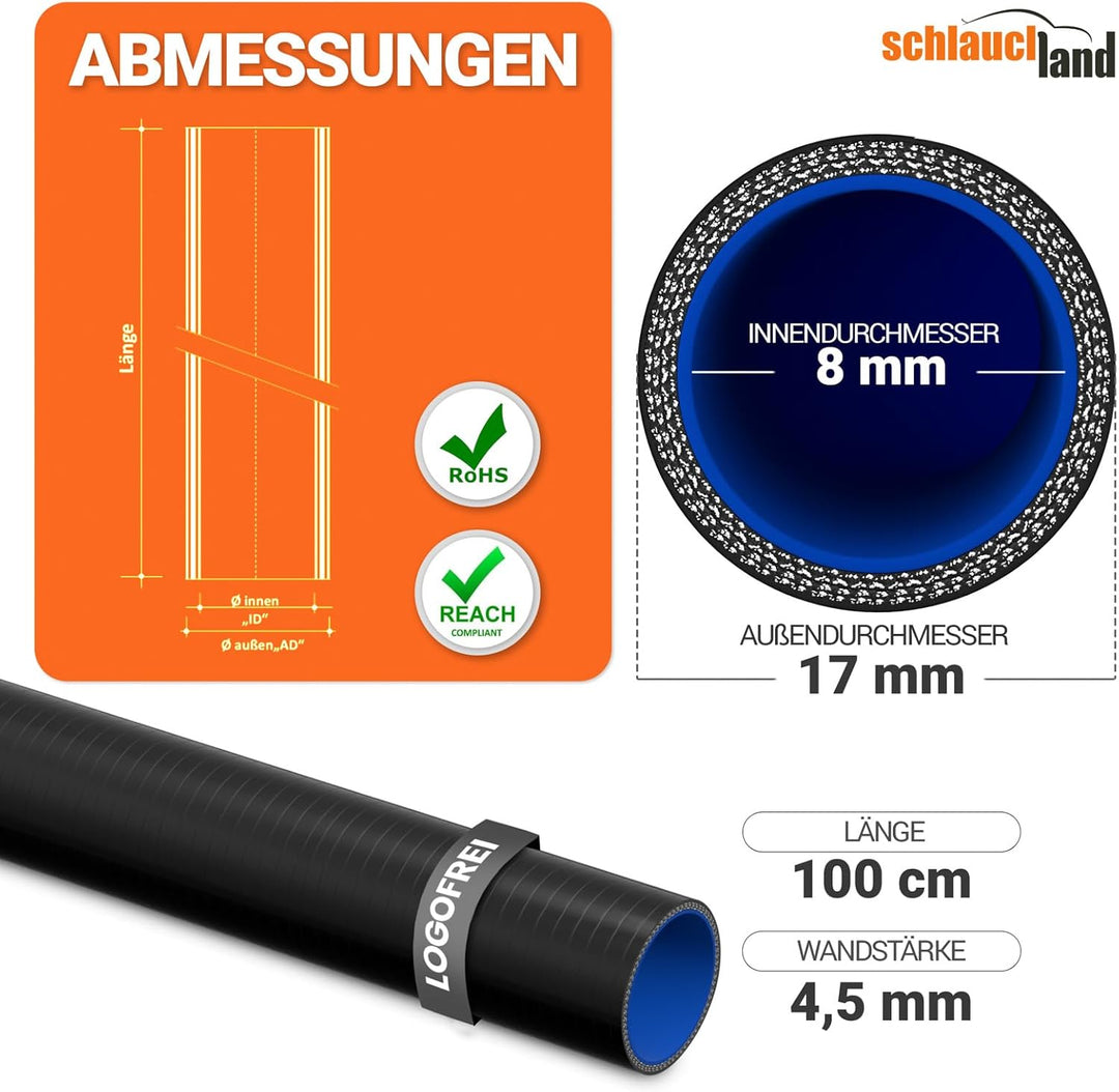 1 Stück | 1m Silikonschlauch ID-Ø 8mm blau 200°C | VIELE GRÖSSEN & FARBEN | Ladeluft-Kühler LLK Kühl