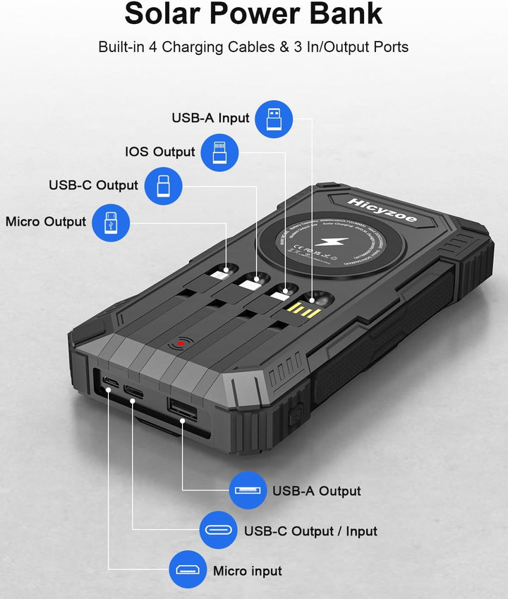 Solar Powerbank, 26800 mAh Tragbares Ladegerät mit 4 Integrierten Kabeln, Solar-Akkuladegerät mit US