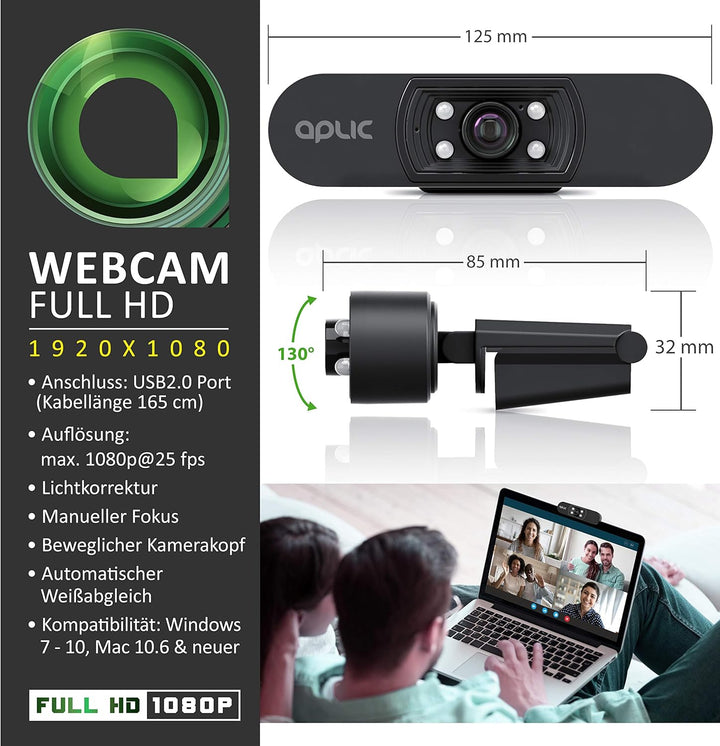 CSL - Full HD Webcam mit Mikrofon 1080p - 1920x1080P – 4 Hilfslichter/Szenelicht– 5P Linse – automat