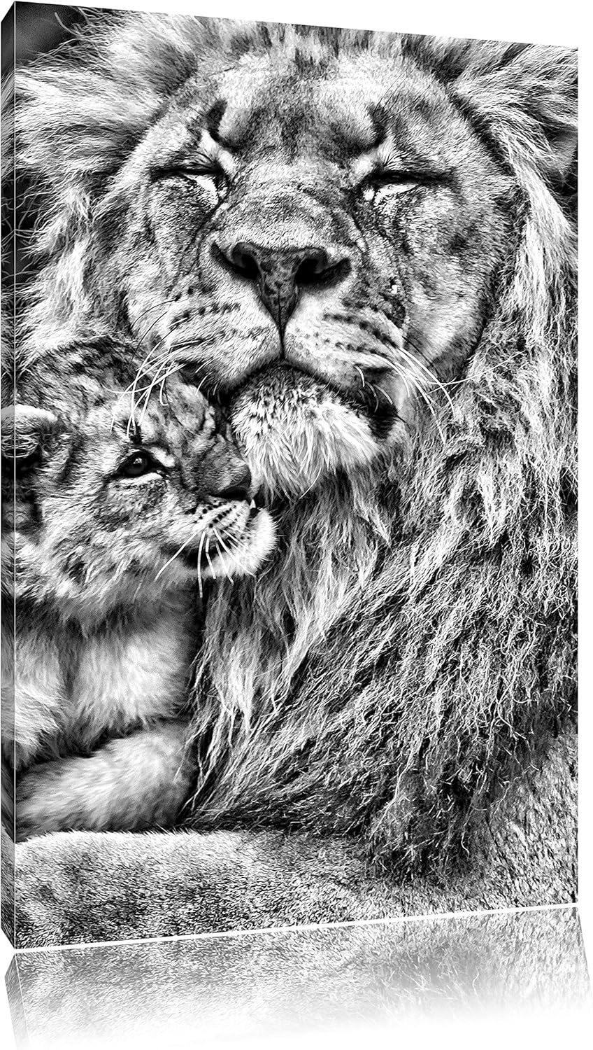 Pixxprint Monocrome, Löwe kuschelt mit Jungtier, Format: 100x70 auf Leinwand, riesige Bilder fertig