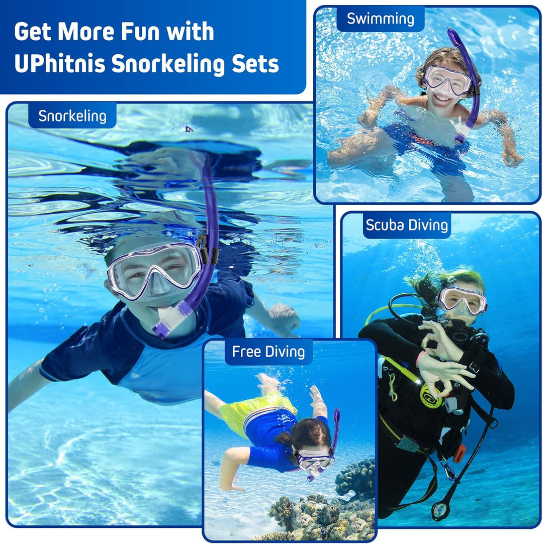 UPhitnis Schnorchelset Kinder mit Flossen,Anti-Fog 180°Panorama Taucherbrille Kinder, Verstellbaren