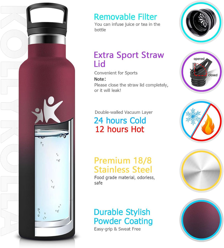 KollyKolla Trinkflasche 750ml, Thermosflasche mit Strohhalm, Isolierflasche BPA-Frei Auslaufsicher,