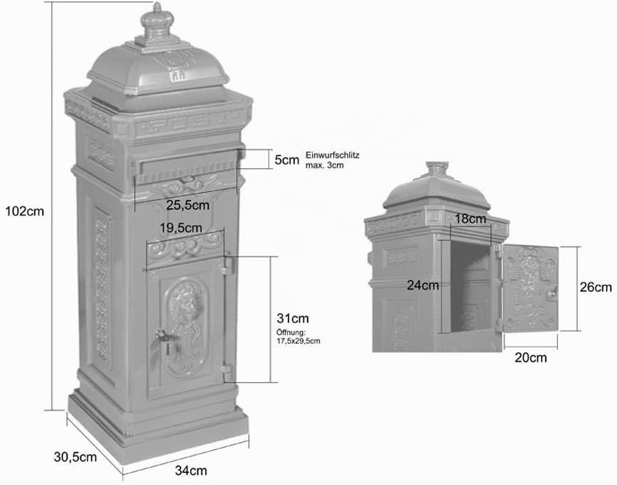 antiker englischer Standbriefkasten LUNA, Weiss, Material: Aluminium, rostfrei, Höhe: 102cm, nostalg