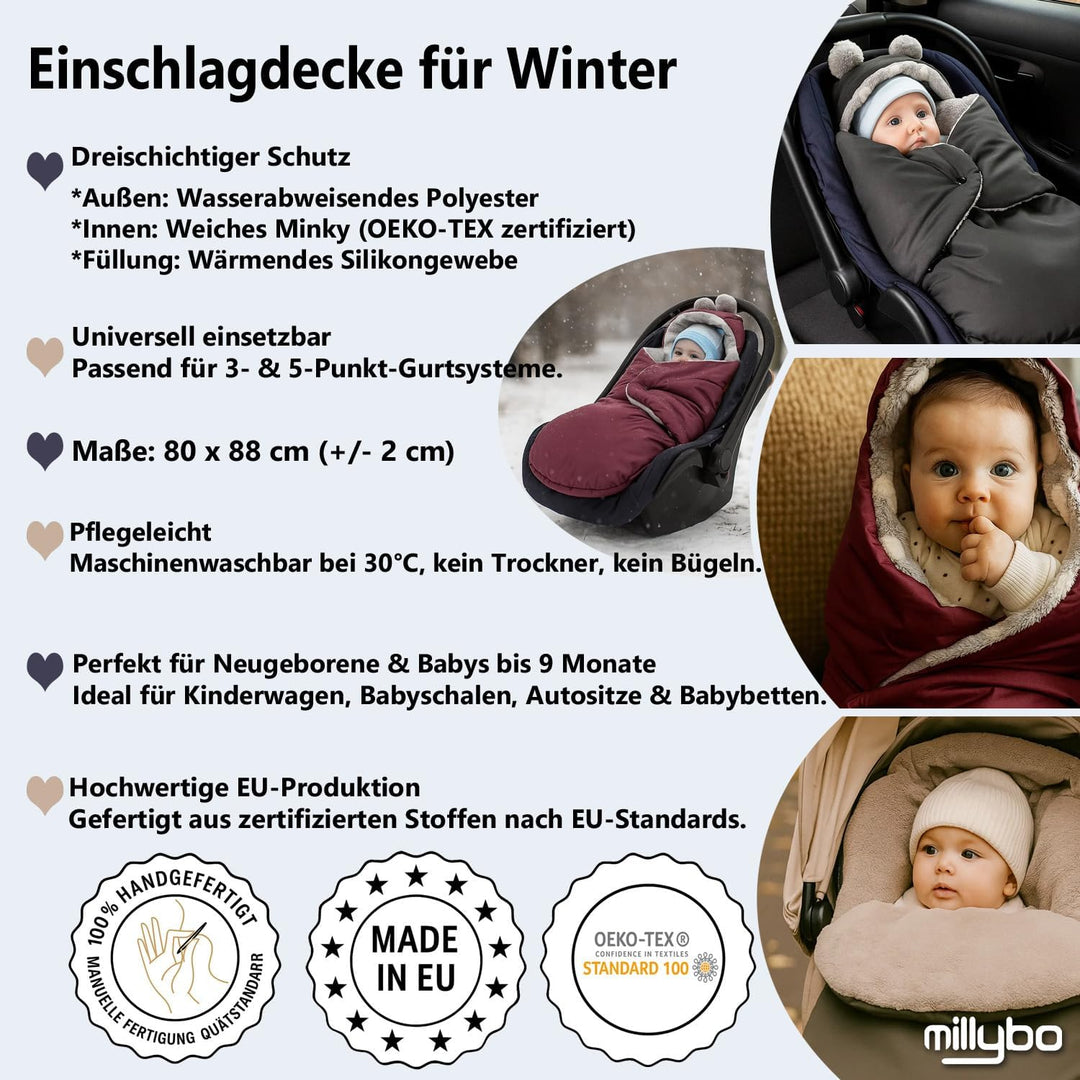 millybo Fusssack Baby Einschlagdecke für Winter geeignet für Kinderwagen Babyschale Babybett Autosit