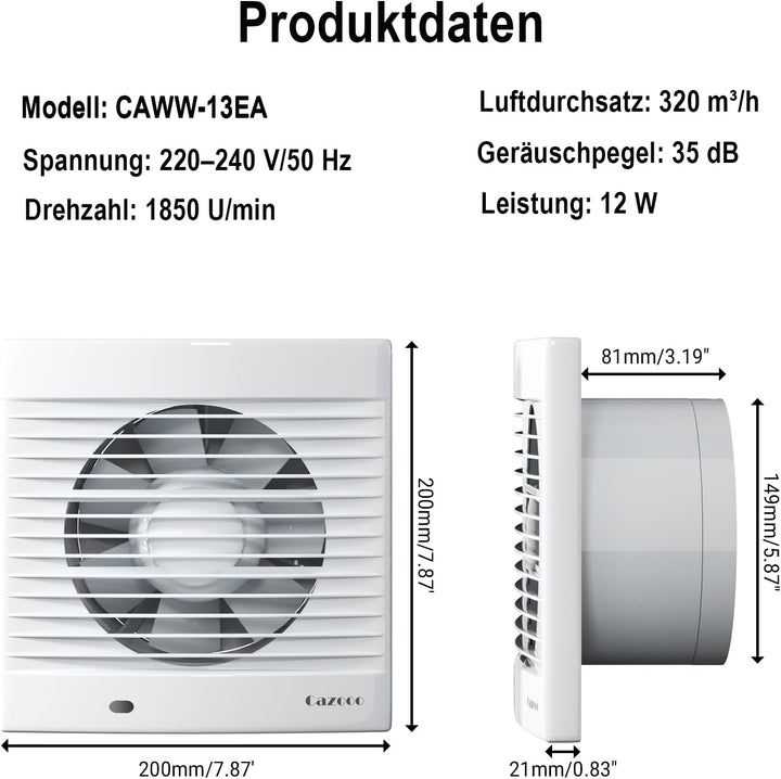 Badlüfter 150mm, 320 m³/h starker Badezimmer Ventilator, 35 dB leiser Abluftventilator für Wand Fens