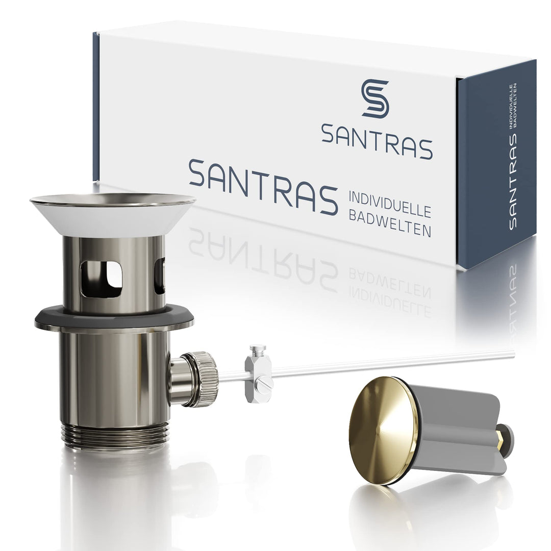 SANTRAS® Exzenter Ablaufgarnitur PREMIUM für Waschtisch mit Schutz vor Überlauf in Aranja/Gold – Kom