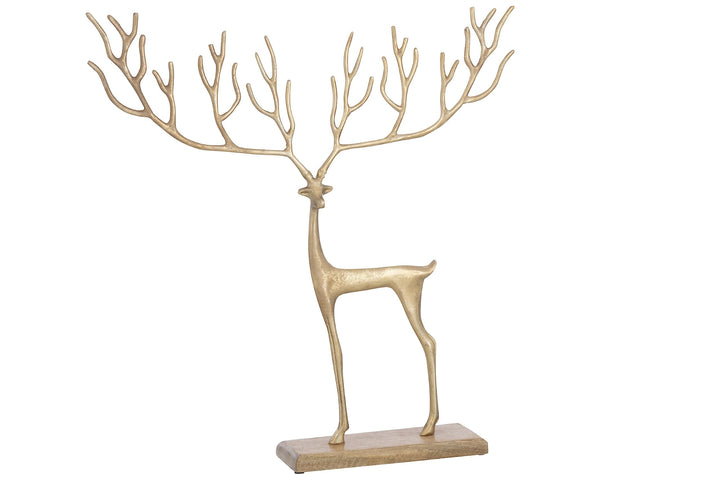 MF Goldenes Rentier mit Grafischem Geweih auf Holzbase - Exquisites Kunsthandwerk Hirsch Weihnachtsd