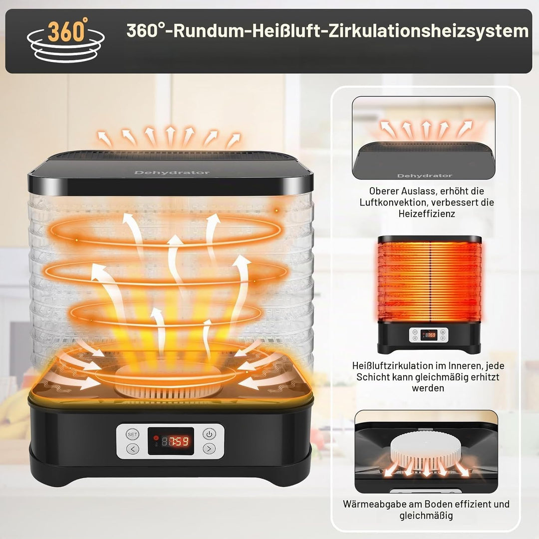 Nictemaw Dörrautomat Edelstahl, Dörrgerät mit 8 Einlegefächer 400W, Trockner für Obst, Fleisch & Krä