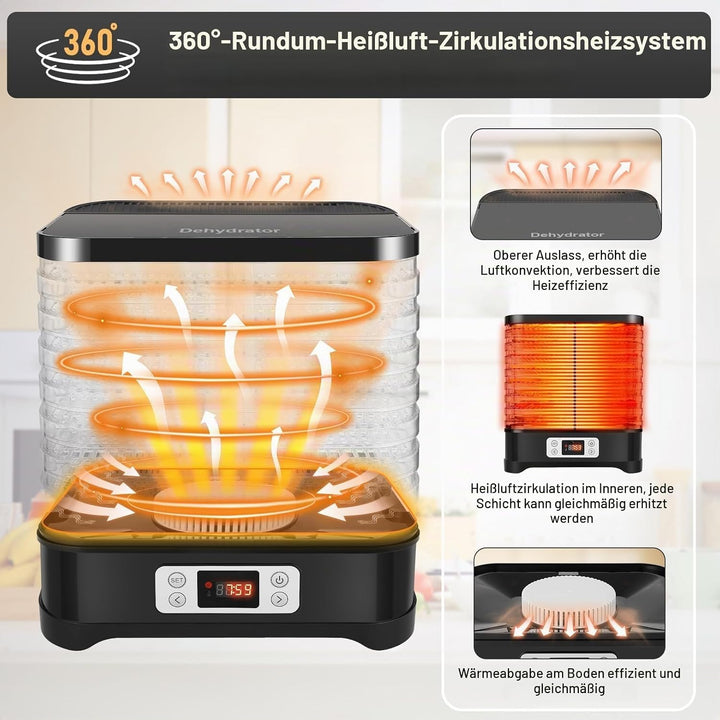 Nictemaw Dörrautomat Edelstahl, Dörrgerät mit 8 Einlegefächer 400W, Trockner für Obst, Fleisch & Krä