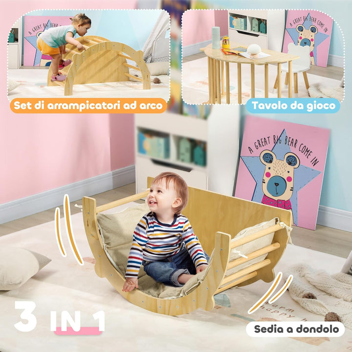 AIYAPLAY 3-in-1 Montessori Klettergerüst Indoor Holz Kletterbogen mit Tischplatte Matte Indoor Spiel