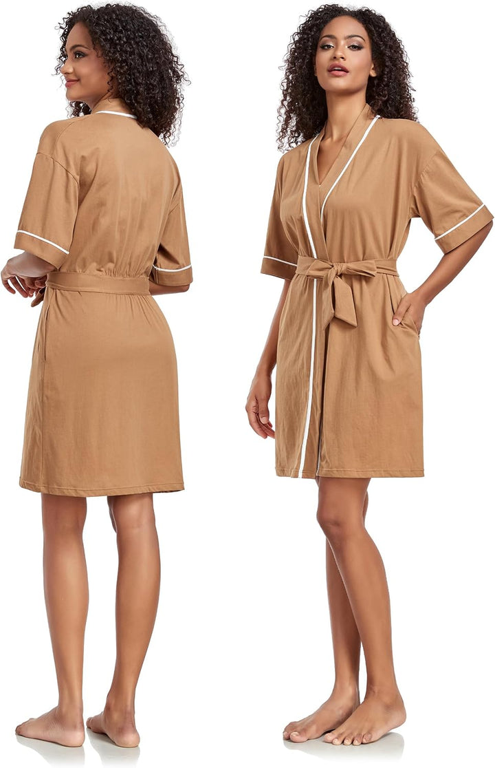 COLORFULLEAF 100% Baumwolle Bademantel Damen Kurz Morgenmantel Leicht Knielang Kimono Saunamantel Na