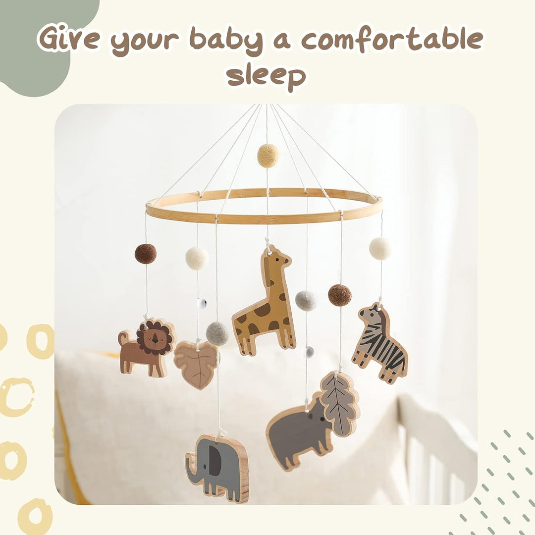 Mobile Baby Tier Windspiele mit Filzbällen Giraffe Löwe Elefant Zebra Babyzimmer Holz Gehäkelt Neuge
