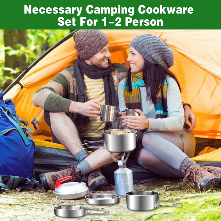 7 St¨¹ck Edelstahl Camping Kochgeschirr Set, Outdoor Kochgeschirr mit Faltbare Besteck, 1-2 Personen