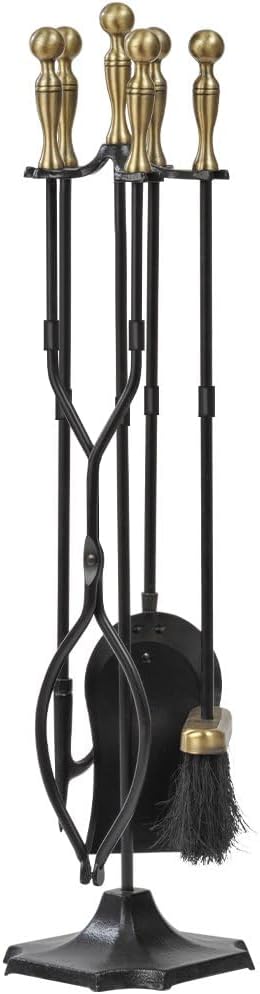 Amagabeli 5 Stück Kaminwerkzeuge Sets Messinggriffe Schmiedeeisen Set und Halter Indoor Outdoor Feue