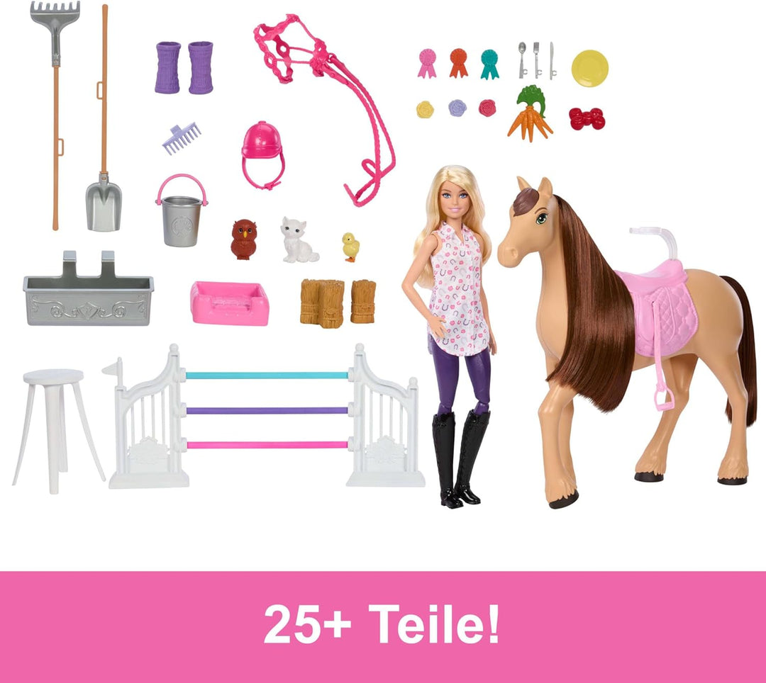 Barbie Spielzeugstall-Spielset mit Puppe, Pferd und Zubehör, mehr als 25 Teile mit 6 Spielbereichen,