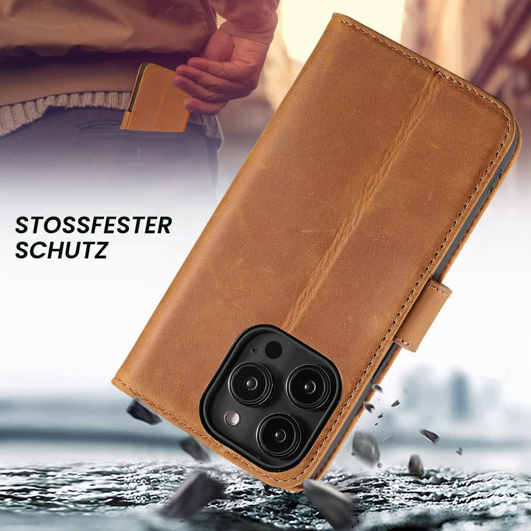 LENSUN Echtleder Hülle für iPhone 14 Pro, Handyhülle [Echtes Leder][Magnetverschluss][RFID Schutz] H