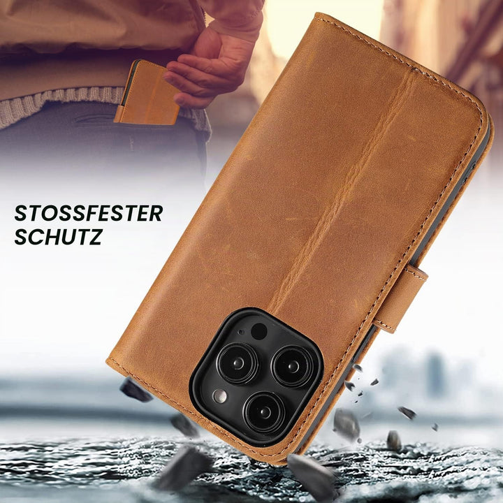 LENSUN Echtleder Hülle für iPhone 14 Pro, Handyhülle [Echtes Leder][Magnetverschluss][RFID Schutz] H