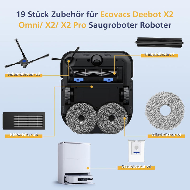 19 Stück Zubehör für Ecovacs Deebot X2 Omni/ X2/ X2 Pro Saugroboter Roboter,1 Hauptbürste, 4 HEPA-Fi