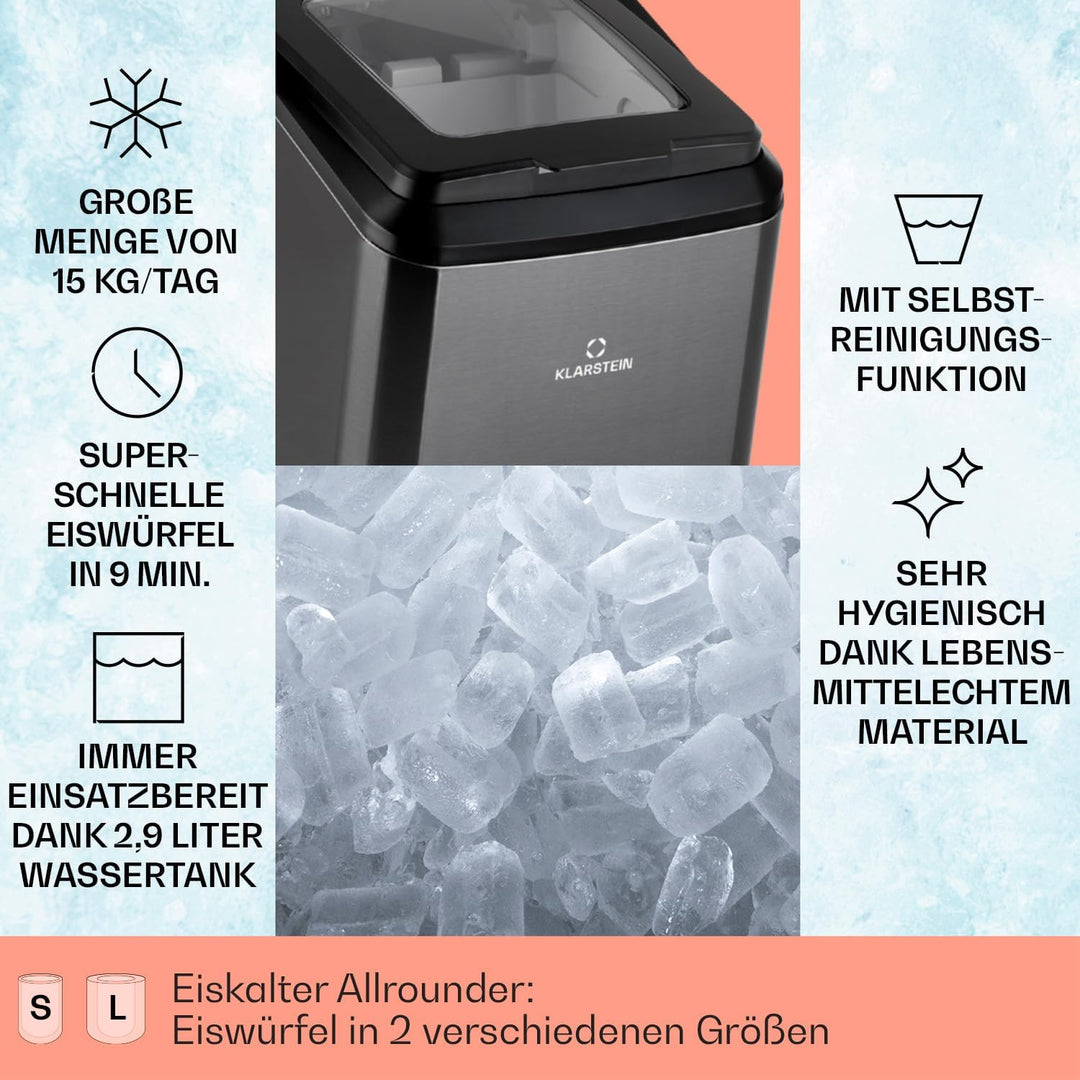 Klarstein Partytime Eiswürfelmaschine - 15kg/24h, 2 Eiswürfelgrössen: S &amp; L, Produktionszeit in 7 Mi