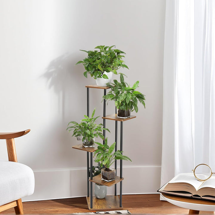 LEADZM 5 Etagen Pflanzenständer Blumenständer, Metall Holz Blumenhocker Blumentreppe Blumenregal, Bl