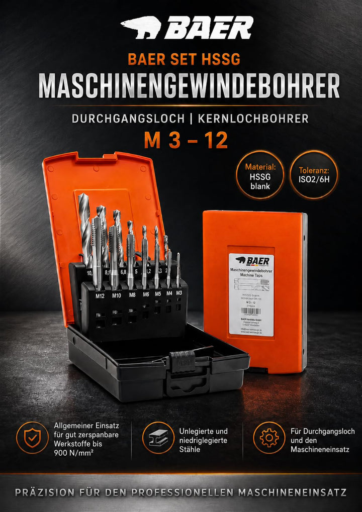 BAER Gewindeschneider Set HSSG: Maschinengewindebohrer Durchgangsloch - Kernlochbohrer: M3 - M12 - G