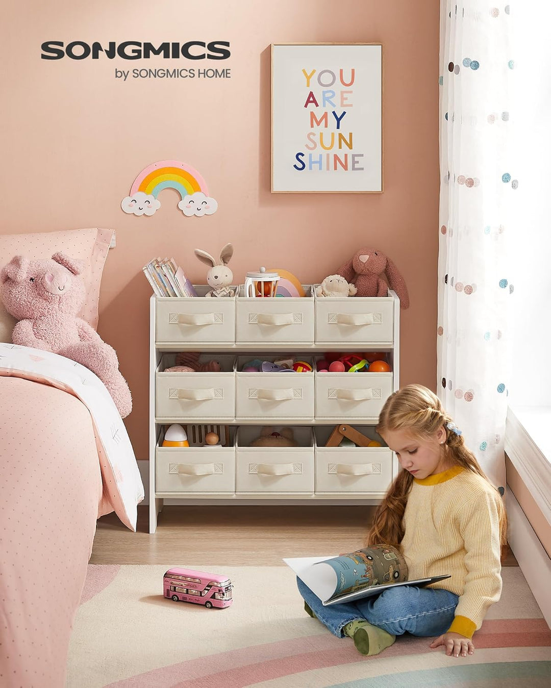 SONGMICS Kinderregal, Spielzeugregal, Bücherregal Kinder, mit 9 Aufbewahrungsboxen aus Vliesstoff, K