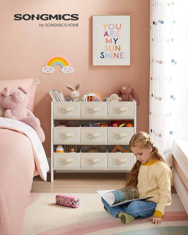 SONGMICS Kinderregal, Spielzeugregal, Bücherregal Kinder, mit 9 Aufbewahrungsboxen aus Vliesstoff, K